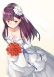  absurdres alternate_costume alternate_hairstyle arm_ribbon bangs bare_shoulders beige_background blue_ribbon blunt_bangs blush bouquet breasts bridal_veil choker cleavage closed_mouth collarbone commentary_request dress elbow_gloves eyebrows_visible_through_hair flower girls_frontline gloves gradient gradient_background hair_flower hair_ornament highres holding holding_bouquet large_breasts long_hair looking_at_viewer madao purple_hair red_eyes red_flower red_rose ribbon rose sidelocks solo strapless strapless_dress veil very_long_hair wa2000_(girls_frontline) wedding_dress white_gloves 