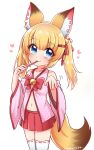  animal_ear_fluff animal_ears bell blonde_hair blue_eyes detached_sleeves eating food fox_ears fox_tail hair_ornament hairclip jingle_bell kemomimi_oukoku_kokuei_housou long_hair mikoko_(kemomimi_oukoku_kokuei_housou) miniskirt namessyu navel pink_shirt pocky red_skirt ribbon shirt simple_background skirt smile solo tail thighhighs twintails virtual_youtuber white_background white_legwear 