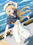  blonde_hair blue_eyes blue_sailor_collar commentary_request dress feet_out_of_frame gloves hand_on_headwear hat highres jervis_(kantai_collection) kantai_collection long_hair looking_at_viewer mary_janes open_mouth pier sailor_collar sailor_dress sailor_hat shingyo shoes short_sleeves smile solo standing standing_on_one_leg water white_dress white_gloves white_hat 