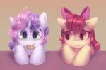  2017 apple_bloom_(mlp) cookie digital_media_(artwork) duo earth_pony equine female feral food friendship_is_magic fur green_eyes hair hair_bow hair_ribbon hi_res hooves horn horse looking_at_viewer mammal multicolored_hair my_little_pony orchidpony pony red_hair ribbons sweetie_belle_(mlp) two_tone_hair unicorn 