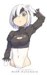  2017 :o arm_at_side arm_up artist_name black_blindfold blindfold blindfold_lift blush breasts cleavage cleavage_cutout cloba copyright_name covered_navel elbow_gloves gloves green_eyes hair_between_eyes highleg highleg_leotard highres leotard looking_at_viewer medium_breasts nier_(series) nier_automata one_eye_covered open_mouth short_hair silver_hair simple_background sleeves_past_elbows solo tareme upper_body white_background white_gloves yorha_no._2_type_b 