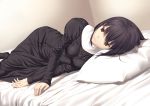  bed black_eyes black_hair dress kukuri_(ahagon) kuonji_alice mahou_tsukai_no_yoru pantyhose short_hair 
