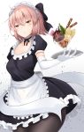  alternate_costume apron black_bow black_dress black_legwear blush bow breasts cleavage commentary doyachii dress elbow_gloves fate/grand_order fate_(series) frilled_apron frilled_dress frills gloves hair_between_eyes hair_bow hairband highres holding holding_tray koha-ace looking_at_viewer maid maid_apron maid_headdress medium_breasts okita_souji_(fate) okita_souji_(fate)_(all) pantyhose parted_lips pink_hair puffy_short_sleeves puffy_sleeves shiny shiny_hair short_hair short_sleeves tray waitress white_gloves white_hairband yellow_eyes 