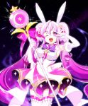 ;d aisha_(elsword) animal_ears back_bow bow bunny_ears cowboy_shot detached_sleeves dress elsword gradient_hair hair_ornament holding holding_staff long_hair looking_at_viewer magical_girl melsocoon metamorphy_(elsword) multicolored_hair one_eye_closed open_mouth puffy_sleeves purple_bow purple_eyes purple_hair smile solo sparkle staff star star-shaped_pupils symbol-shaped_pupils thighhighs twintails v white_dress white_hair zettai_ryouiki 