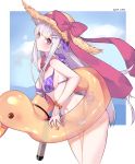  azur_lane bangs bare_shoulders bikini blue_sky blunt_bangs bow bracelet breasts cloud cowboy_shot cygnet_(azur_lane) day eyebrows_visible_through_hair flower_bracelet from_side front-tie_bikini front-tie_top hair_ornament hairclip hat hat_bow innertube jewelry leaning_forward lei long_hair looking_at_viewer looking_to_the_side medium_breasts mimelond outdoors outside_border pink_bow pink_eyes plaid plaid_bikini sideboob sidelocks silver_hair sky solo standing straight_hair straw_hat swimsuit thighs torpedo transparent very_long_hair yellow_innertube 