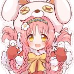  akane_mimi animal_hood braid bunny_hood flower gloves hair_bobbles hair_ornament headband hood pink_hair princess_connect! ribbon rutakun twin_braids yellow_eyes 