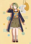  1girl 2018 ;) alternate_costume arm_at_side artist_name beige_background blue_coat blue_hairband brown_footwear coat dated eyebrows_visible_through_hair fen_renlei full_body green_hair grey_legwear grey_skirt gumi hairband happy jewelry looking_at_viewer necklace one_eye_closed orange_shirt polka_dot polka_dot_background ribbon shadow shirt short_hair simple_background skirt smile socks solo standing striped striped_background tag v vocaloid 