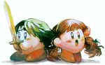  alm_(fire_emblem) celica_(fire_emblem) dual_persona fire_emblem fire_emblem_echoes:_mou_hitori_no_eiyuuou gloves green_eyes green_hair headband highres kirby kirby_(series) lady_kuki long_hair no_humans open_mouth red_hair smile super_smash_bros. sword weapon 