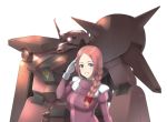  ark_performance arlette_almage blue_eyes bow braid gloves gundam gundam:_twilight_axis hair_bow looking_at_viewer mecha official_art pilot_suit red_hair salute simple_background smile solo upper_body white_background white_gloves zaku_iii_custom zeon 