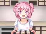  :d baking_sheet bangs blush casual collarbone cupcake doki_doki_literature_club eyebrows_visible_through_hair food hair_ornament hairclip happy highres holding indoors kitchen looking_at_viewer natsuki_(doki_doki_literature_club) open_mouth oven_mitts pink_eyes pink_hair pink_ribbon puffy_sleeves ribbon round_teeth shirt short_hair short_sleeves smile solo standing tareme teeth tray upper_body white_shirt yu_cha 