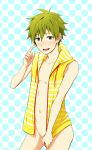  1boy blush bottomless character_request green_hair idolmaster looking_at_viewer male_focus shima_kyousuke smile solo tagme undressing 
