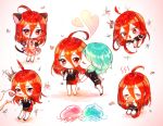  ahoge androgynous animal_ears blush cat_ears cat_paws cat_tail cheek_kiss cheek_pinching cursor dress drinking expressive_hair frilled_dress frills gem_uniform_(houseki_no_kuni) green_hair heart hhgy0925 houseki_no_kuni jellyfish kiss long_hair multiple_others paws phosphophyllite pinching red_eyes red_hair shinsha_(houseki_no_kuni) shorts tail 