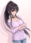  black_hair blush breasts brown_eyes choker cleavage collarbone cowboy_shot crossed_arms diesel-turbo dutch_angle earrings idolmaster idolmaster_shiny_colors jewelry large_breasts long_hair looking_at_viewer open_mouth ponytail shirase_sakuya smile solo 