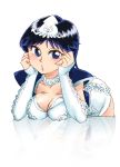  blue_eyes breast_rest breasts character_request cleavage commentary_request dress graphite_(medium) medium_breasts millipen_(medium) onnaski open_mouth short_hair solo the_momotarou traditional_media 