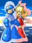  1girl absurdres android blonde_hair blue_gloves capcom commentary_request dress eyebrows_visible_through_hair full_body gloves green_eyes hair_between_eyes hair_ornament hair_ribbon high_ponytail highres long_hair looking_to_the_side open_mouth ponytail ribbon rockman rockman_(character) rockman_(classic) roll sidelocks smile teeth tonami_kanji 