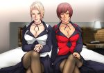  2girls bangs bed blonde_hair blue_eyes breasts brown_eyes brown_hair cleavage collarbone earrings gureko_rouman hair_bun hands_together highres indoors large_breasts legs legs_crossed long_skirt long_sleeves looking_at_viewer matching_hair/eyes mature_(kof) multiple_girls pantyhose parted_lips seductive_smile short_hair sitting skirt smile the_king_of_fighters thighs vice 