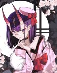  bangs bare_shoulders bow cherry_blossoms choker collarbone commentary_request eyebrows_visible_through_hair fate/grand_order fate_(series) fingernails glasses hair_ornament hat hat_bow highres hitoshi horns japanese_clothes kimono long_fingernails long_sleeves mini_hat oni oni_horns parted_lips pinching_sleeves pink_hat purple_eyes purple_hair red_bow red_choker sharp_fingernails shuten_douji_(fate/grand_order) smile solo thick_eyebrows white_kimono wide_sleeves 