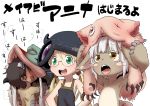  1girl 1other animal_ears blonde_hair blush brown_hair creature dark_skin dark_skinned_male fangs furry glasses green_eyes helmet low_twintails made_in_abyss mitty_(made_in_abyss) nanachi_(made_in_abyss) regu_(made_in_abyss) riko_(made_in_abyss) shirtless smelling sweat translated twintails uchuu_ika whiskers white_background white_hair yellow_eyes 