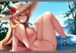  2018 arm_support artist_name bangs bare_arms bare_back bare_legs bare_shoulders bikini blonde_hair blue_eyes blue_sky breasts butt_crack cloud copyright_request dappled_sunlight day flower food green_bikini green_ribbon hair_between_eyes hat hat_flower hibiscus holding holding_food innertube kaho_okashii knees_up large_breasts leaning_back letterboxed long_hair looking_at_viewer palm_tree parted_lips polka_dot popsicle ribbon side-tie_bikini sideboob signature sitting sky smile solo straw_hat sunlight swimsuit tree very_long_hair 
