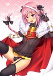  1boy armor astolfo_(fate) braid erection erection_under_clothes fang fate/grand_order fate_(series) garter_belt gauntlets hair_ribbon male_focus menokonome multicolored_hair open_mouth penis pink_eyes pink_hair solo streaked_hair thighhighs trap 