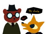  4:3 angus_(nitw) anthro bear bodoodles brown_fur canine dialogue eyewear fangs fox fur glasses gregg_(nitw) hat male mammal night_in_the_woods simple_background white_background yellow_fur 