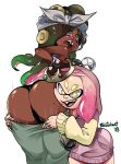  ass black_panties commentary crown dark_skin do-rag embarrassed face_in_ass from_behind highres hime_(splatoon) iida_(splatoon) jewelry looking_back mole mole_on_ass mole_under_mouth multiple_girls panties pants_pull pulled_by_another radlionheart ring splatoon_(series) splatoon_2 splatoon_2:_octo_expansion tentacle_hair thumb_ring underwear 