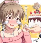  bare_shoulders birthday blush bow brown_hair cake character_doll commentary_request dated embarrassed eyebrows_visible_through_hair food fruit full-face_blush hair_bow hands_up holding holding_plate hori_yuuko idolmaster idolmaster_cinderella_girls jewelry long_hair long_sleeves necklace off-shoulder_shirt off_shoulder open_mouth plate ponytail producer_(idolmaster) red_eyes shirt signature smile solo_focus spork star starry_background strawberry tearing_up tears translation_request upper_body yoohi 