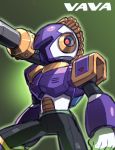  android capcom character_name commentary_request green_background helmet highres male_focus robot rockman rockman_x shoulder_cannon solo tonami_kanji vava weapon 