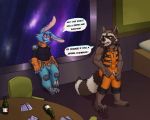  alcohol anthro archibadzzz beer beverage blackjack_o&#039;hare blue_fur brown_eyes brown_fur bulge card chair cheek_tuft claws clothing fur guardians_of_the_galaxy lagomorph male male/male mammal marvel muscular neck_tuft orange_eyes penis procyonid pubes rabbit raccoon rocket_raccoon space table text toe_claws tuft white_fur window 