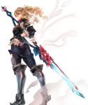 blonde_hair blue_eyes drill_hair fantasy_earth_zero from_behind full_body glaive greaves hand_on_hip highres holding holding_weapon lips looking_at_viewer looking_back parted_lips ryouku short_hair solo standing teeth twin_drills weapon wrist_guards 