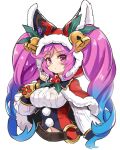  1girl bangs bell belt blue_hair blush breasts brown_belt capelet christmas cleo_(dragalia_lost) closed_mouth commentary_request cropped_torso dragalia_lost eyebrows_visible_through_hair fur-trimmed_capelet fur-trimmed_hood fur_trim gradient_hair hand_up hood hood_up hooded_capelet large_breasts long_hair long_sleeves looking_at_viewer multicolored_hair navel o-ring o-ring_belt pink_hair puffy_long_sleeves puffy_sleeves red_capelet red_eyes simple_background solo twintails unname upper_body very_long_hair white_background 