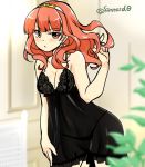  black_panties blush breasts celica_(fire_emblem) cleavage commentary_request fire_emblem fire_emblem_echoes:_mou_hitori_no_eiyuuou hand_in_hair lingerie long_hair medium_breasts nightgown panties playing_with_own_hair red_eyes red_hair see-through sleeveless solo underwear yukia_(firstaid0) 