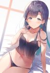  bangs bare_legs bed bed_sheet black_camisole black_panties blunt_bangs blush breasts breasts_apart brown_hair camisole cleavage eyebrows_visible_through_hair grey_eyes groin hand_on_own_chest idolmaster idolmaster_cinderella_girls kobayakawa_sae long_hair looking_at_viewer medium_breasts navel on_bed panties simple_background sitting smile spaghetti_strap straight_hair strap_slip ultone_(neisiss) underwear underwear_only 