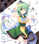  ;) animal_ears arm_up bangs bare_shoulders beamed_eighth_notes black_hat blue_neckwear blush bow bowtie braid cat_ears cat_girl cat_tail character_name closed_mouth collarbone commentary_request eyebrows_visible_through_hair green_eyes green_hair green_sailor_collar green_skirt hair_between_eyes hand_up hat humming kemonomimi_mode komeiji_koishi mini_hat musical_note one_eye_closed paw_pose polka_dot polka_dot_neckwear sailor_collar shikitani_asuka shirt skirt sleeveless sleeveless_shirt smile solo spoken_musical_note star tail thighhighs tilted_headwear touhou twin_braids white_legwear yellow_shirt 