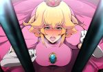  1girl bangs blonde_hair blue_eyes blush breasts brooch clenched_hands crown dress earrings elbow_gloves embarrassed eyebrows eyebrows_visible_through_hair gloves gureko_rouman heavy_breathing highres kneeling large_breasts long_hair looking_at_viewer nintendo open_mouth pink_dress princess_peach sidelocks solo stud_earrings super_mario_bros. sweatdrop tears white_gloves 