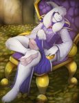  2018 anthro asriel_dreemurr asriel_dreemurr_(god_form) boss_monster caprine chair clothed clothing conditional_dnp digital_media_(artwork) fangs goat hi_res horn humanoid_penis long_ears looking_at_viewer male mammal penis red_eyes scappo sitting solo throne undertale video_games 