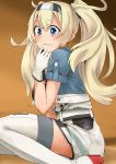  blonde_hair blue_eyes blue_shirt blush breasts commentary_request gambier_bay_(kantai_collection) gloves hair_between_eyes headband kantai_collection katakata_unko large_breasts long_hair multicolored multicolored_clothes shirt short_sleeves shorts simple_background solo thighhighs twintails white_gloves worried 