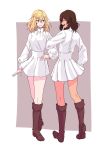  andou_(girls_und_panzer) bc_freedom_military_uniform black_footwear black_hair blonde_hair blue_eyes boots closed_mouth dark_skin dress_shirt facing_another from_behind full_body girls_und_panzer grey_background high_collar highres kani_aruki_(bucket_crawl) knee_boots locked_arms looking_at_another medium_hair military military_uniform miniskirt multiple_girls open_mouth oshida_(girls_und_panzer) outside_border pleated_skirt shirt skirt smile standing uniform white_shirt white_skirt 
