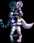  2018 anixis anthro bdsm black_background black_fur black_nose blue_collar blue_eyes blue_fur blue_hair blush bondage bound canine cat clothed clothing collar conditional_dnp digital_drawing_(artwork) digital_media_(artwork) dipstick_tail duo feline fur hair hi_res male male/male mammal multicolored_fur multicolored_tail nelis open_mouth oral orange_eyes rubber sex_toy shiny sige simple_background standing stripes tight_clothing toes two_tone_fur white_collar white_fur white_hair 