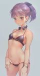  bikini black_bikini blush breasts cleavage cowboy_shot fate/grand_order fate_(series) halterneck headphones headphones_around_neck helena_blavatsky_(fate/grand_order) helena_blavatsky_(swimsuit_archer)_(fate) highres looking_at_viewer navel o-ring o-ring_top otsukemono parted_lips purple_eyes purple_hair short_ponytail simple_background small_breasts solo standing swimsuit unfinished 