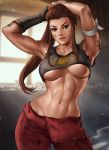 1girl abs armpits arms_up breasts brigitte_lindholm brown_hair dandon_fuga gloves highres hips large_breasts lips looking_at_viewer muscle muscular_female overwatch pants ponytail solo stomach tank_top toned underboob wide_hips 
