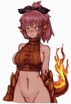  1girl :o ahoge bangs bare_shoulders blush bow breasts breasts_outside burning eyebrows eyebrows_visible_through_hair fire lizard_girl lizard_tail medium_breasts monster_girl monster_girl_encyclopedia navel nude open_mouth orange_eyes pointy_ears pussy red_hair salamander_(monster_girl_encyclopedia) tail 