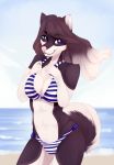  2017 5_fingers anthro beach bikini breasts brown_hair canine clothing day digital_media_(artwork) female hair kristiana_puff mammal midriff navel outside pink_nose purple_eyes seaside sky smile solo swimsuit wolf 