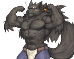  2018 abs anthro belt biceps black_fur black_nose canine captainjohkid claws clothing digital_media_(artwork) flakjacket0204 fur hi_res loincloth male mammal muscular pecs red_eyes simple_background solo standing were werewolf wolf 