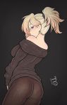  1girl antiheld ass ass_shake blonde_hair blue_eyes blush eyebrows long_hair looking_back mercy_(overwatch) overwatch pantyhose ponytail solo standing stroke_(animator) sweater tied_hair 