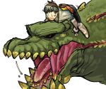  animal animal_on_head black_sclera brown_hair capelet commentary_request deviljho dinosaur dragon fingerless_gloves gloves goggles goggles_on_head handler_(monster_hunter_world) looking_at_another mokuyoshi monster_hunter monster_hunter:_world on_head open_mouth pants red_eyes sharp_teeth short_hair simple_background teeth tongue white_background |_| 