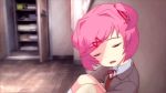  1girl animated animated_gif blazer brown_jacket cupboard doki_doki_literature_club eyebrows_visible_through_hair fang female hair_ornament happy indoors jacket kneehighs looking_at_viewer matching_hair/eyes natsuki_(doki_doki_literature_club) open_mouth pink_eyes pink_hair red_ribbon ribbon school_uniform shirt short_hair short_twintails sitting sleeping slothitice smile solo tied_hair twintails uniform waking_up white_legwear white_shirt 