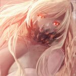  bangs bare_shoulders breasts cleavage commentary_request covered_mouth dress eyebrows_visible_through_hair face_mask hair_between_eyes horns kantai_collection large_breasts long_hair looking_at_viewer mask midway_hime moni pale_skin red_eyes shinkaisei-kan sidelocks solo upper_body veins very_long_hair white_dress white_hair 