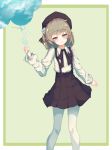  arm_at_side bad_id bad_pixiv_id balloon bangs beret black_hat black_neckwear black_ribbon black_skirt blush border bright_pupils brown_eyes brown_hair closed_mouth collared_shirt eyebrows_visible_through_hair fang_out feet_out_of_frame flower green_background green_border h2o_(dfo) hair_flower hair_ornament hat hatoba_tsugu hatoba_tsugu_(character) head_tilt holding holding_balloon legs_apart looking_at_viewer mole mole_under_eye neck_ribbon one_side_up outside_border pantyhose pleated_skirt ribbon rose shirt short_hair simple_background skirt smile solo standing suspender_skirt suspenders virtual_youtuber white_flower white_legwear white_rose white_shirt wing_collar 