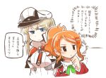  aquila_(kantai_collection) blonde_hair blue_eyes capelet graf_zeppelin_(kantai_collection) hair_between_eyes hat jacket kantai_collection long_hair long_sleeves military military_uniform multiple_girls necktie orange_hair peaked_cap rebecca_(keinelove) red_jacket short_hair sidelocks simple_background translation_request twintails uniform white_background 